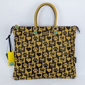 GABS Convertible Tote Backpack Leather Denim Bulldog Paw Heart Mustard Blue NWT